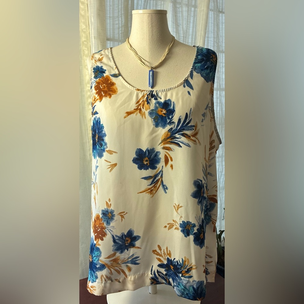 Maurices White Floral Tank with Blue and Brown Flowers